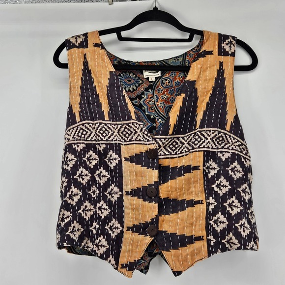 Renew Vintage Jackets & Blazers - Patterned Cotton Vest in Mustard and Navy